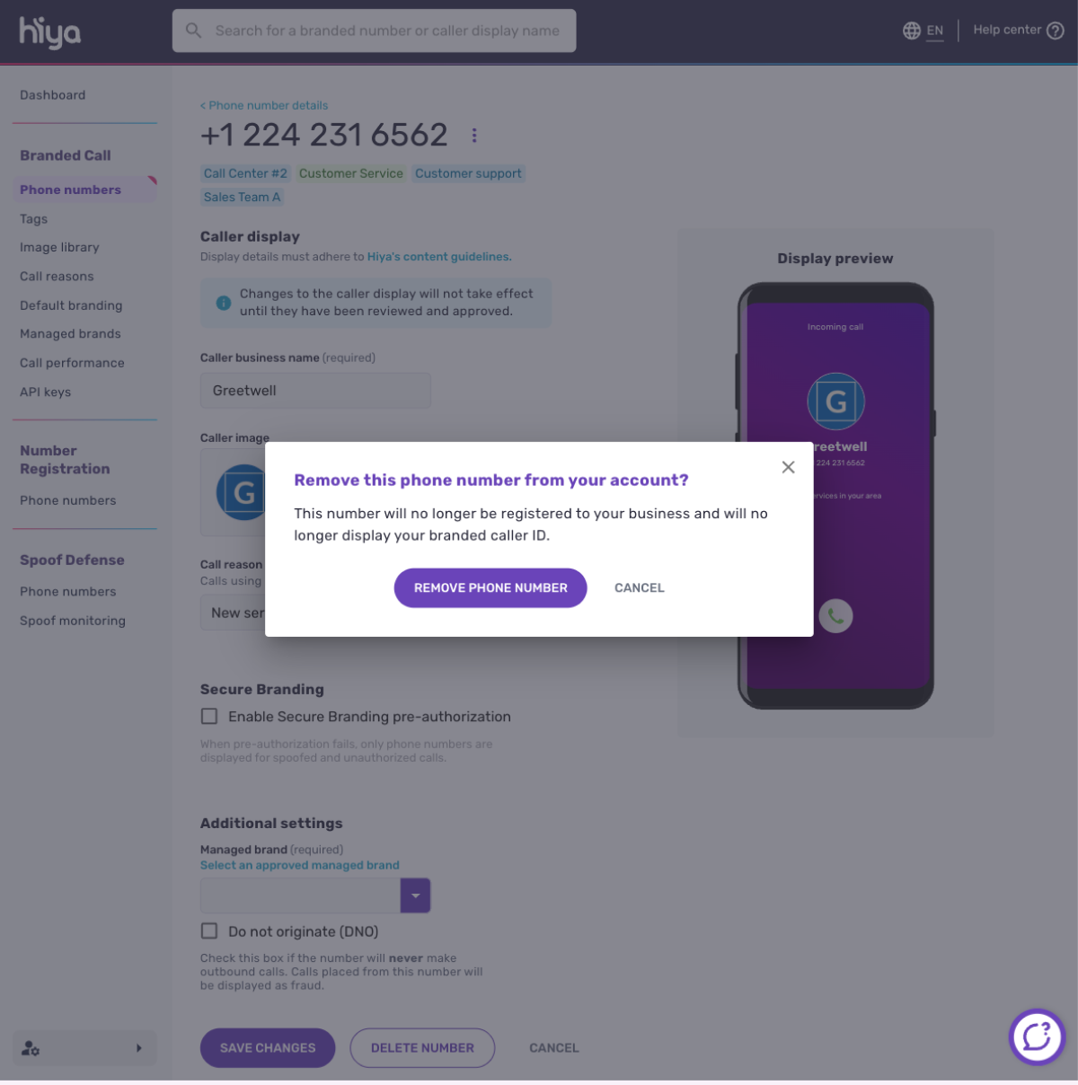The confirmation dialog shown before a phone number is deleted.