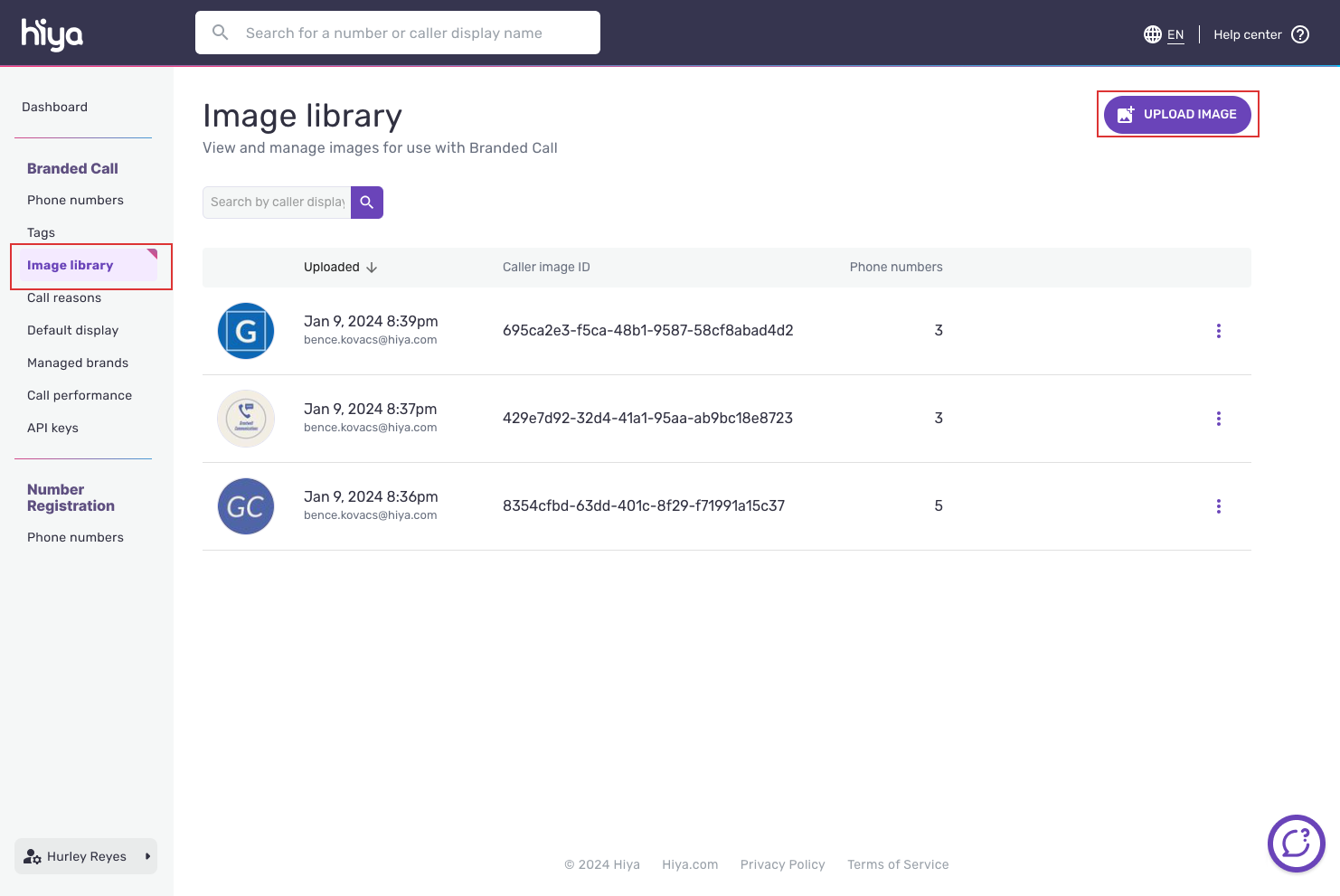 The image library page, with the Upload image button near the top right.