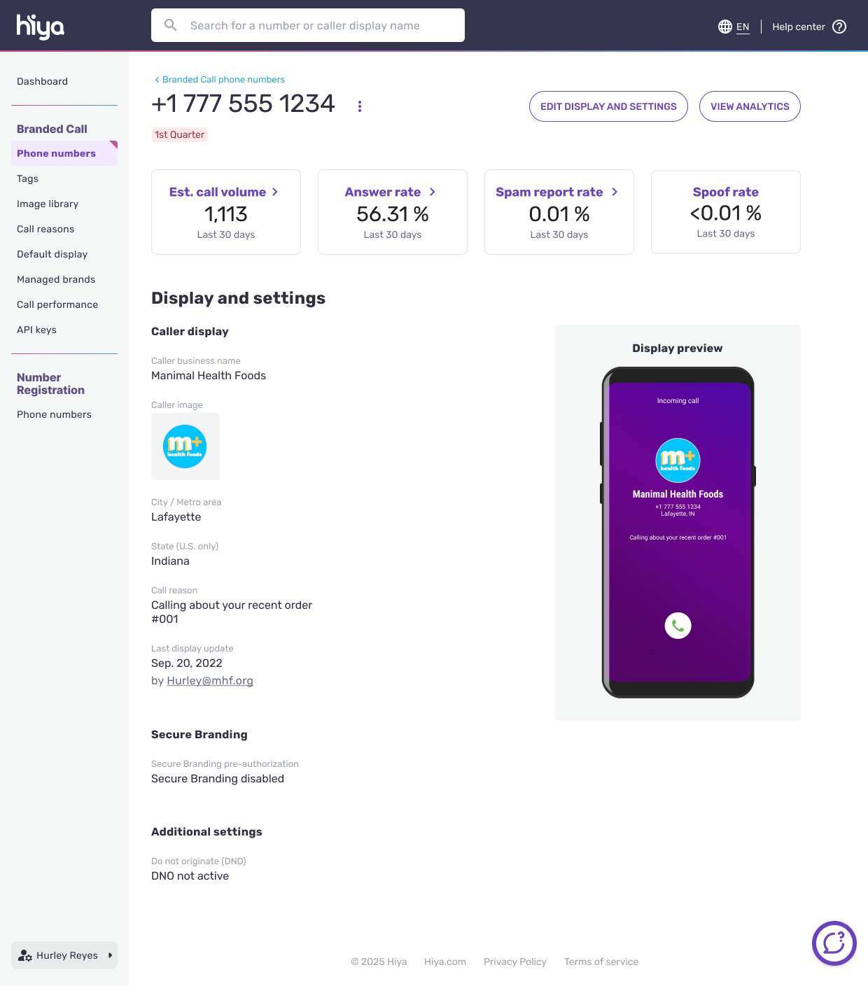 A phone number detail page, showing the summary of top metrics alongside the phone number attributes.