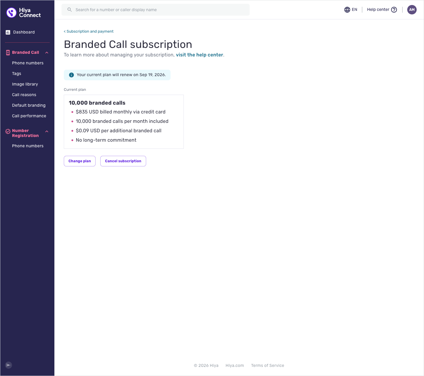 The Subscription and payment page, showing the current plan, billing information and any scheduled plan change.