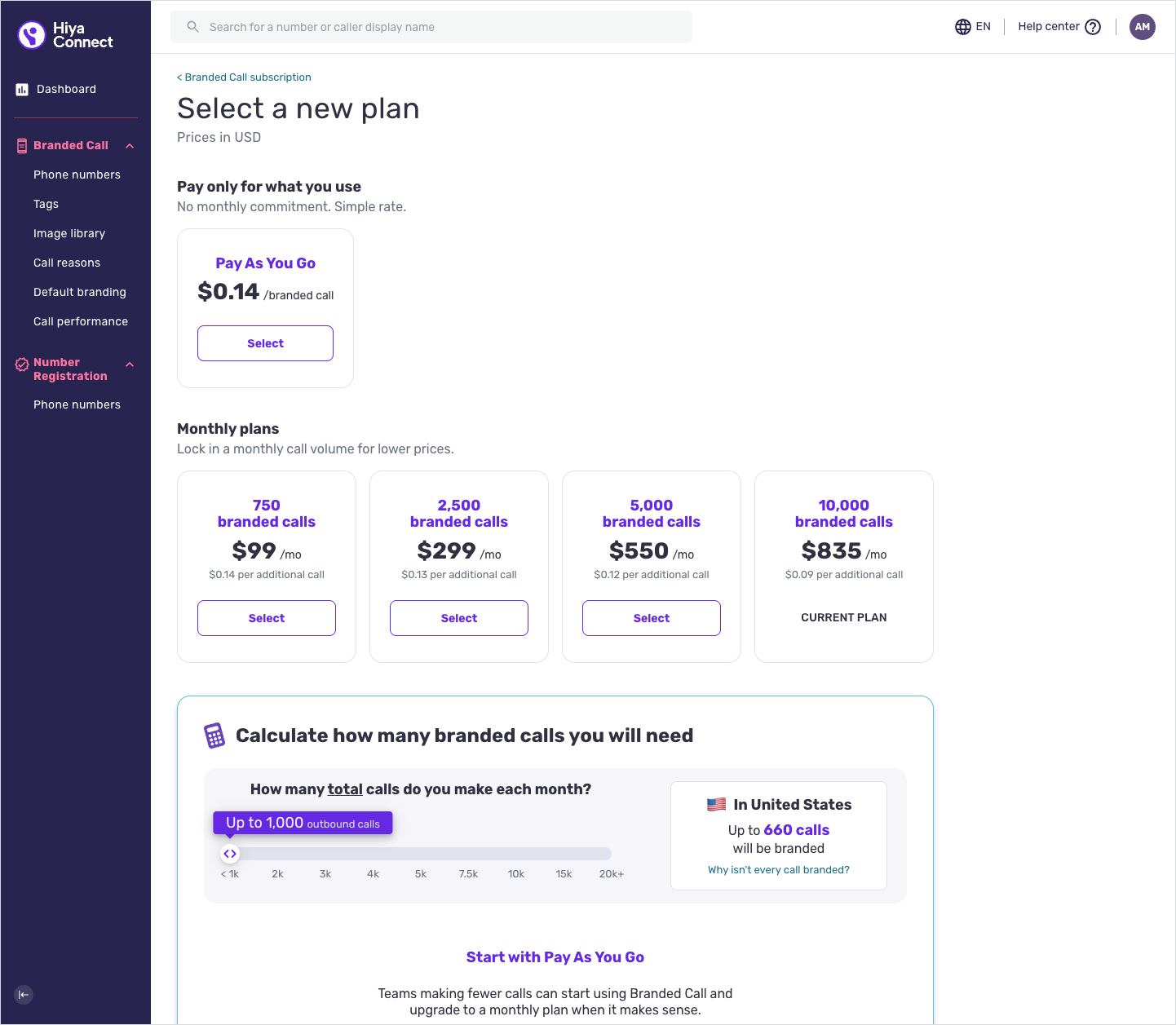 The Change plan screen, showing the available plans.