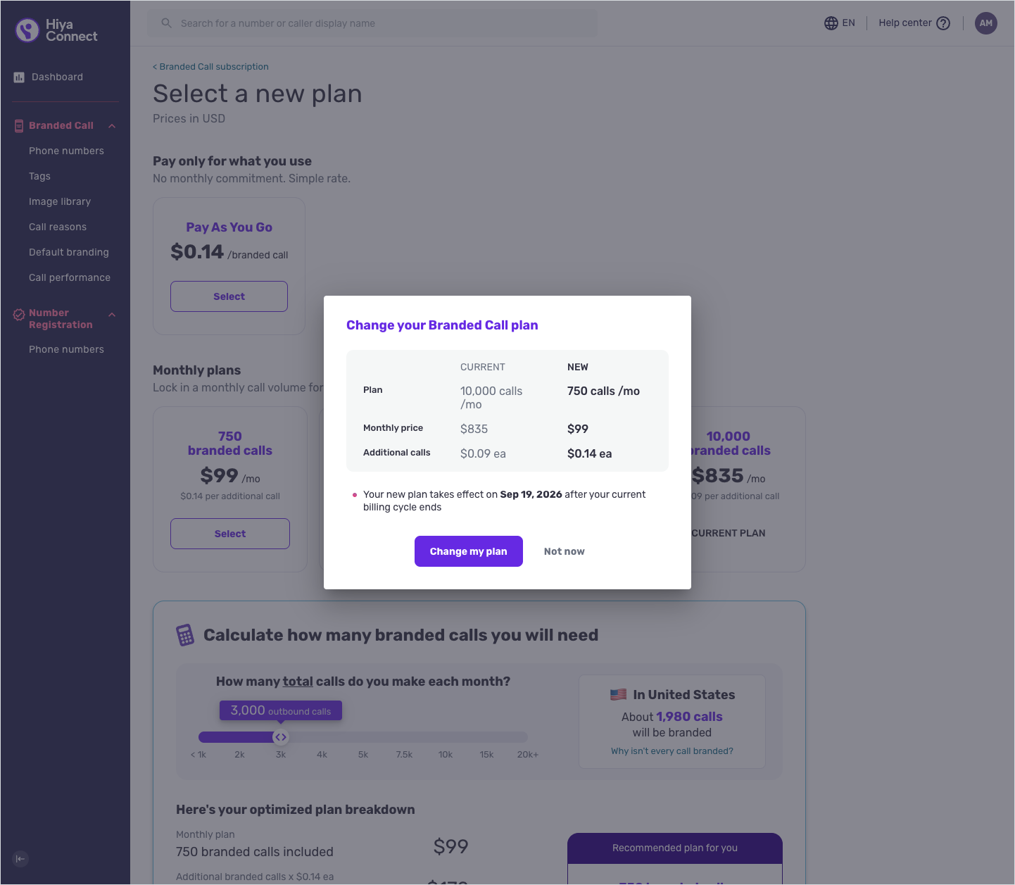 The confirmation details shown before a plan change request is submitted.