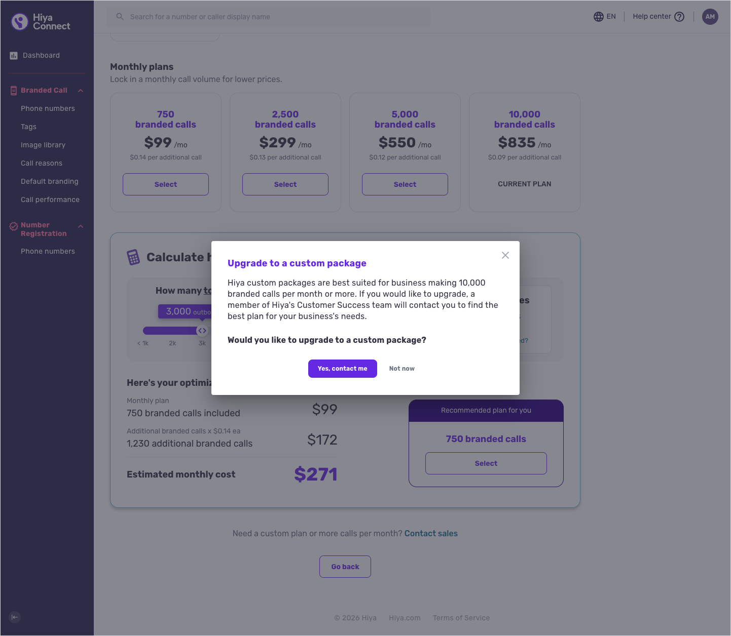 The Enterprise custom package option, with the link to contact Hiya.