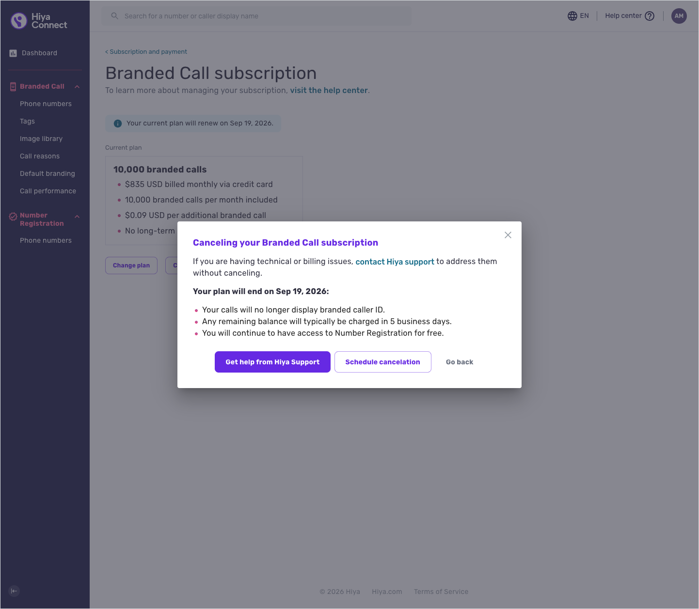The Cancel subscription screen, showing the cancellation details.