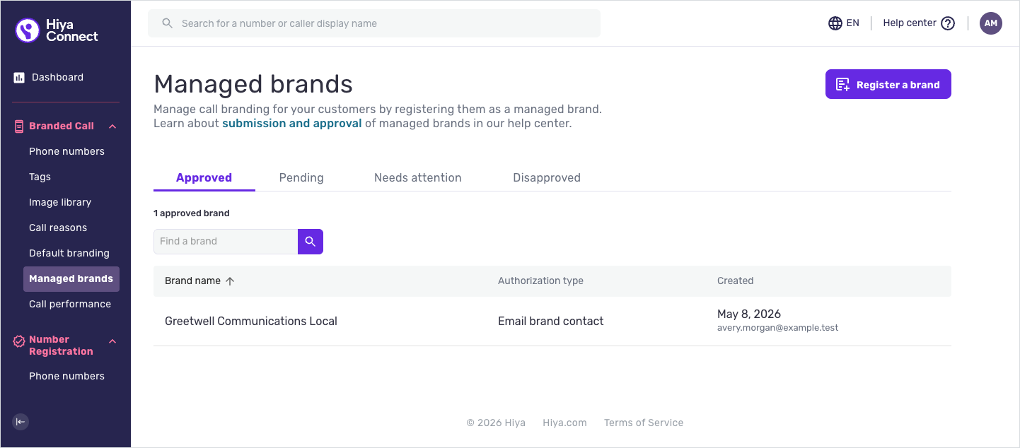 The Managed Brands page, with the Register a Brand button at the top right.