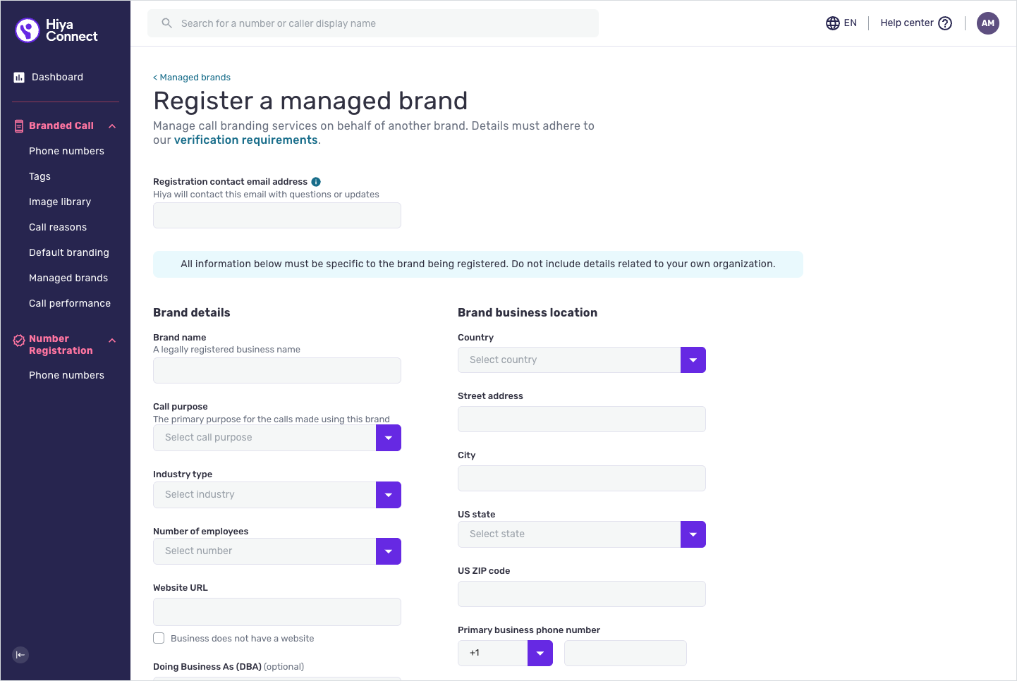 The Managed Brand registration screen, with the brand detail fields.