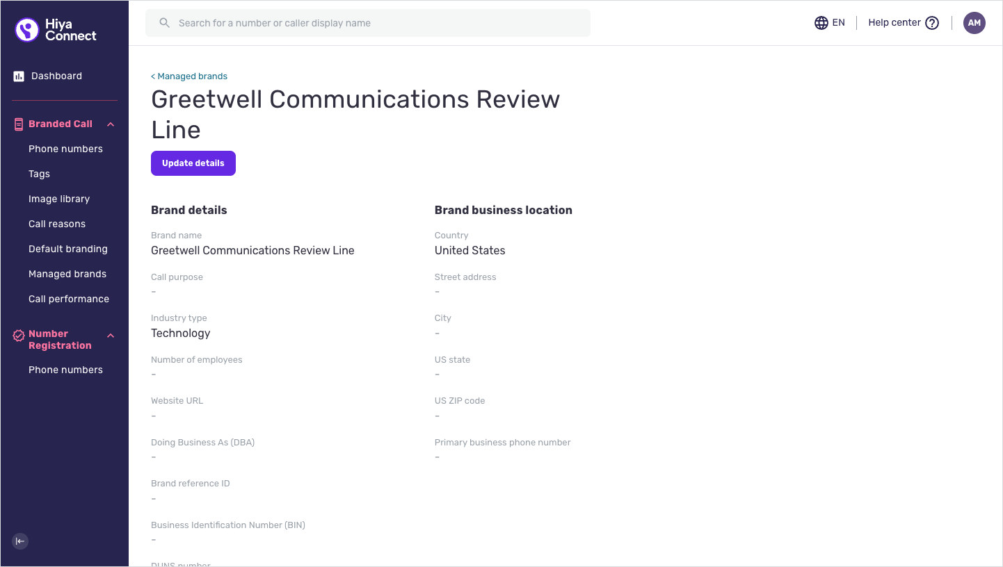 The Managed Brand detail page reached from the issue email, with the Update Details button.