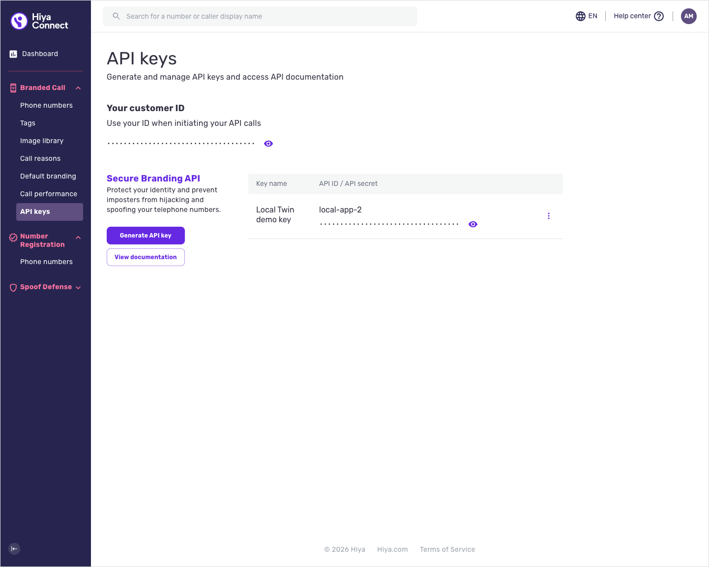 The API keys page, with the link to the Branded Call API technical documentation.