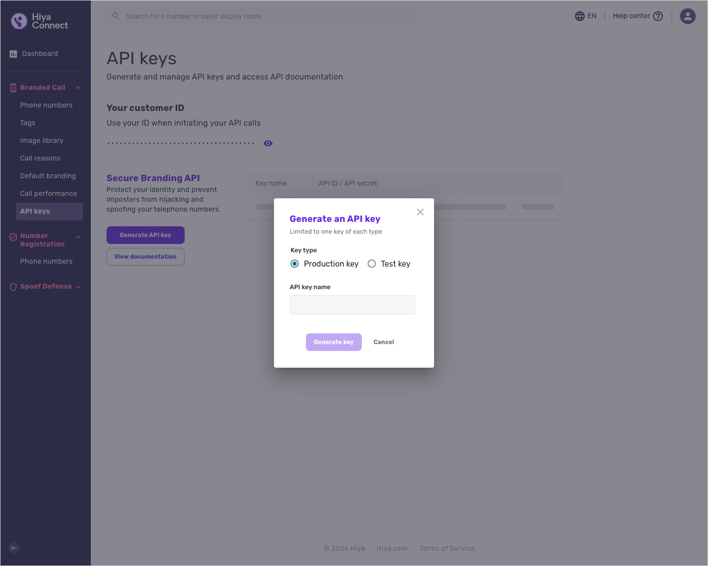 The API keys page, showing the key table with the API ID, the hidden API secret and the overflow menu.