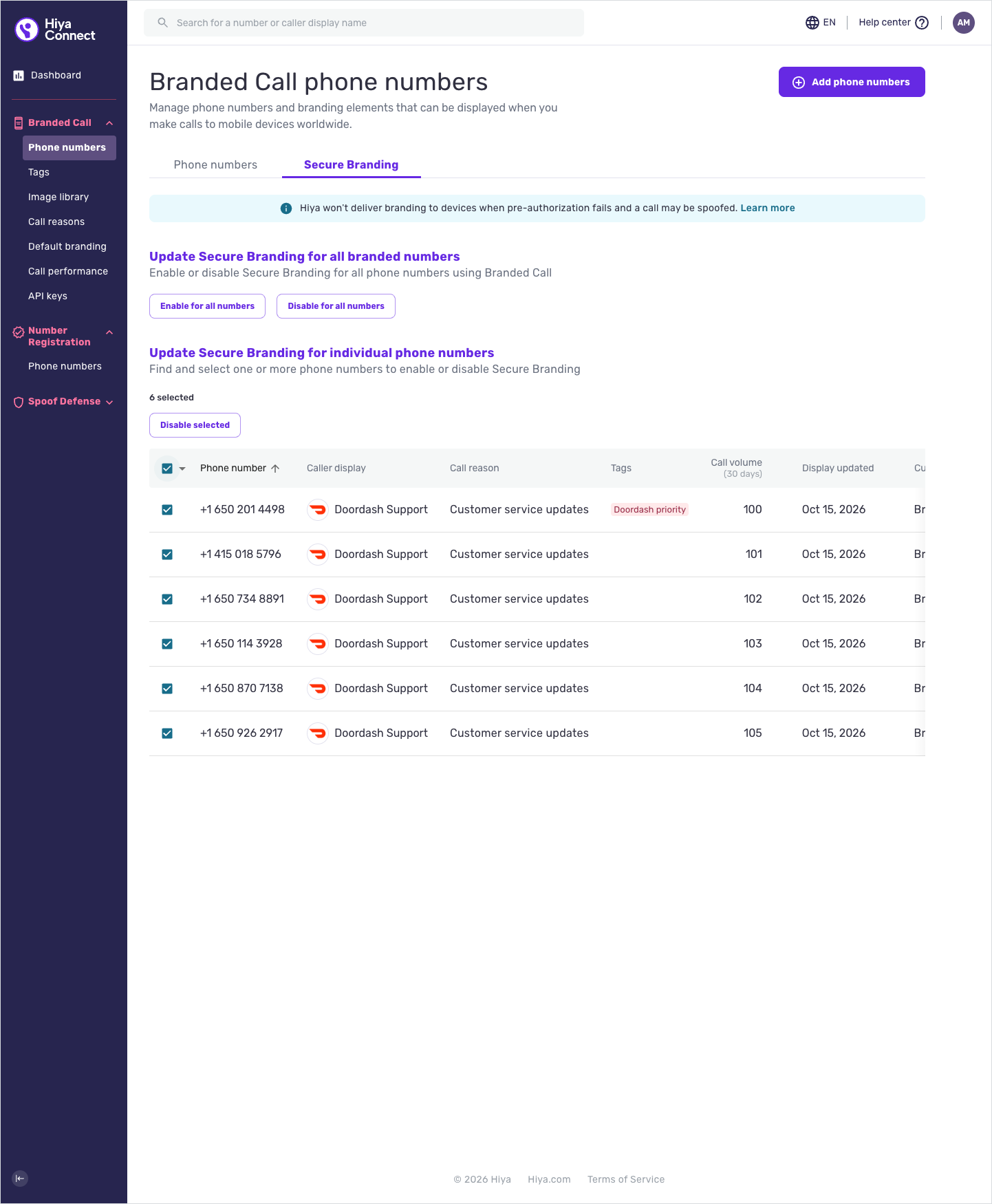The Update Secure Branding for individual phone numbers section, with numbers selected and the Enable selected and Disable selected buttons.