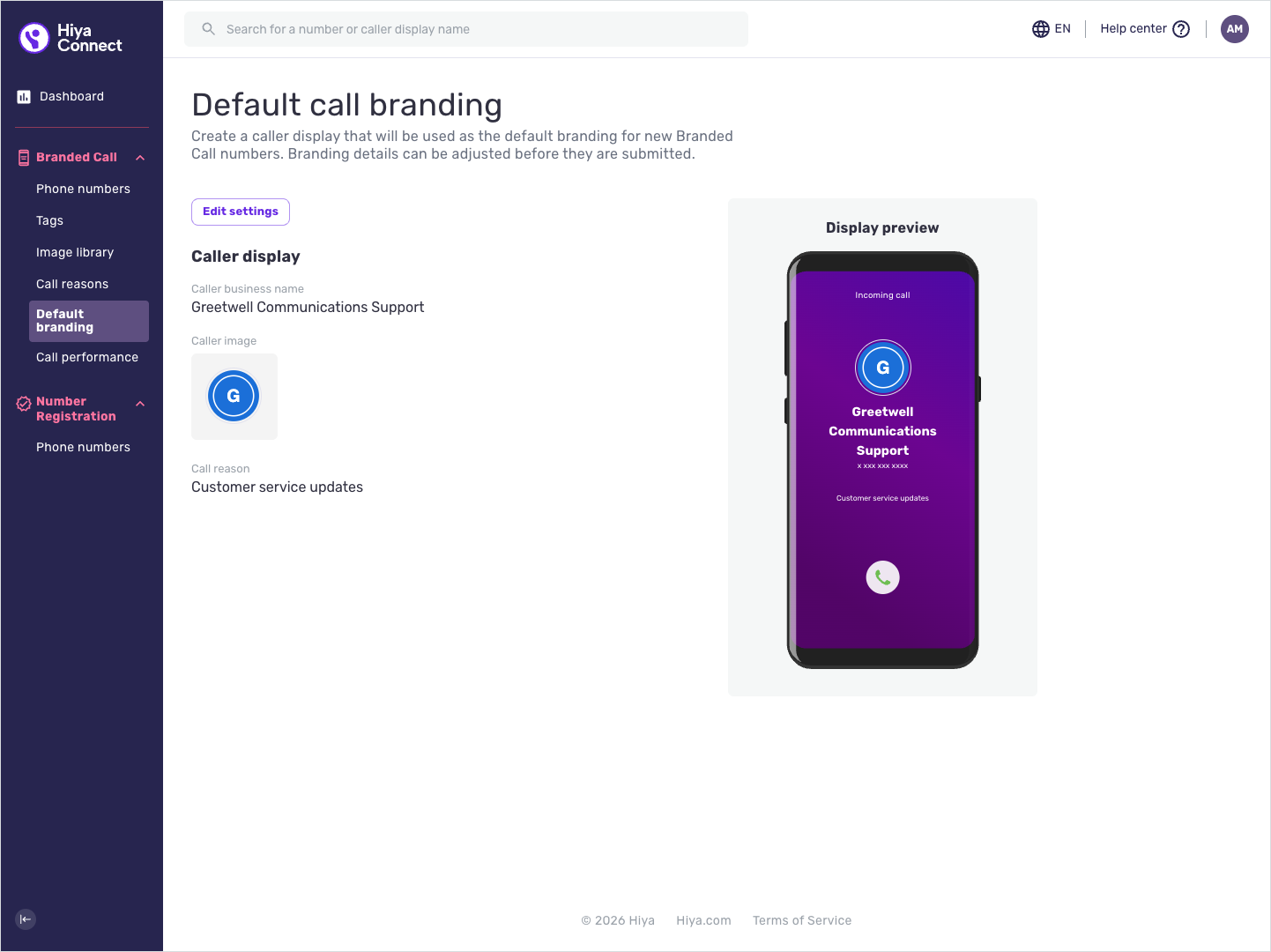 The default branding section, showing the default caller display details and a preview of how Hiya will display your calls.