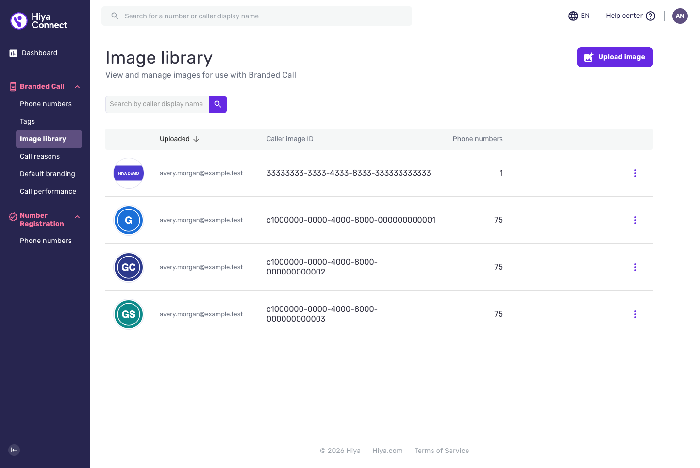 The image library page, with the Upload image button near the top right.